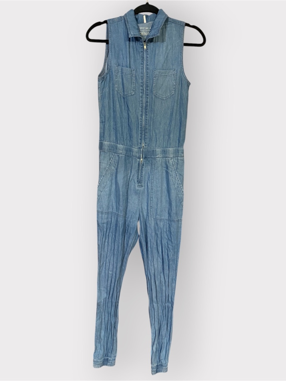 Special A Women’s S Blue Light Wash Denim Sleeveless Utility Jumpsuit Romper